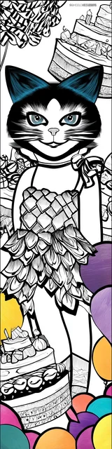 Free colorable bookmarks of a birthday cat in a dress